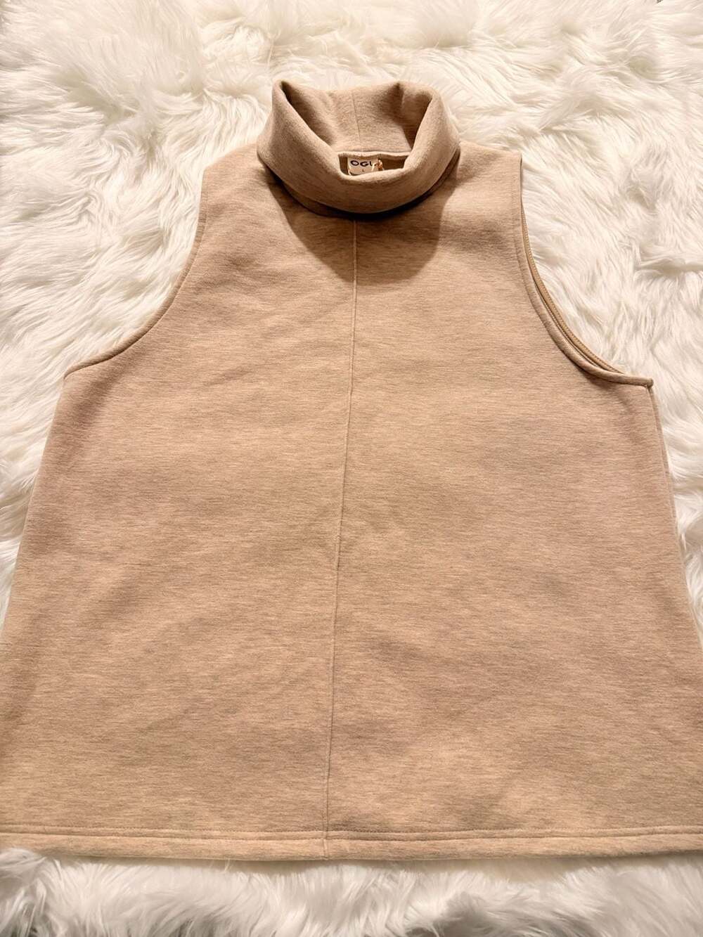 OGL FuzzLuxe Turtle Neck Split Hem Sleeveless Top Oatmeal Size L